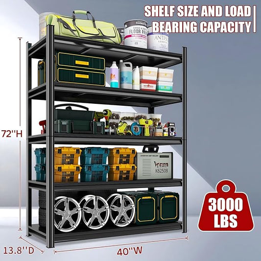 72" H x 40" W Garage Shelving Unit | Heavy Duty 5-Tier Steel | 3000LB Capacity | Garage & Basement Storage | Industrial Metal Shelving for Warehouses & Workshops | Adjustable, Rust-Resistant, Black