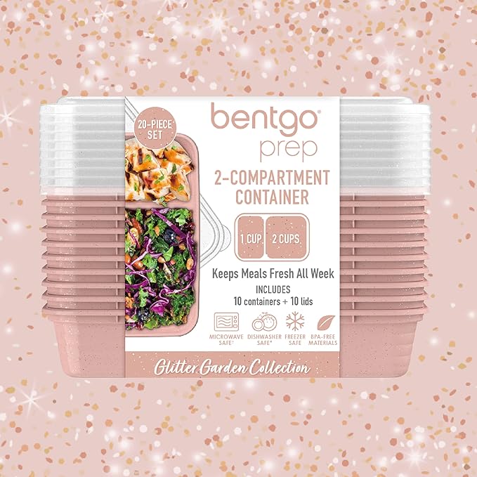 Bentgo Prep - 20-Piece 2-Compartment Reusable Meal Prep Containers with Lids, PFAS & BPA Free Materials, Durable, Microwave, Freezer, & Dishwasher Safe To Go Food Storage (Sweet Pea Glitter)