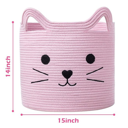 VK VK·LIVING Cat Toy Basket Cute Cotton Rope Animal Storage Pink Laundry Baskets for Toys, Clothes,Gifts,Towels, Blankets, Pet Bed Pink Laundry Hamper for Organizing 15''x14''