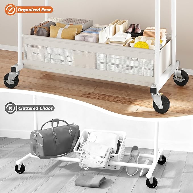 Clothes Rack, Double rods clothing rack, Clothing Racks for hanging clothes, Rolling clothes rack with Storage Basket & Heavy Duty Wheels, garment rack for Bedroom, Laundry Room, White