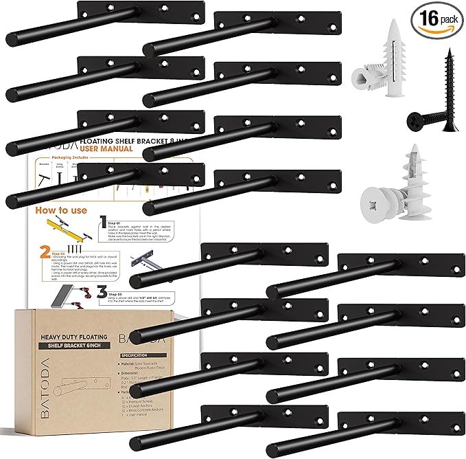 BATODA - 8" Floating Shelf Bracket Heavy Duty (16 pcs)–Solid Steel Blind Shelf Supports - Hidden Brackets for Floating Wood Shelves - Blind Shelf Support Shelving Mounting Hardware Included (Pack 16)