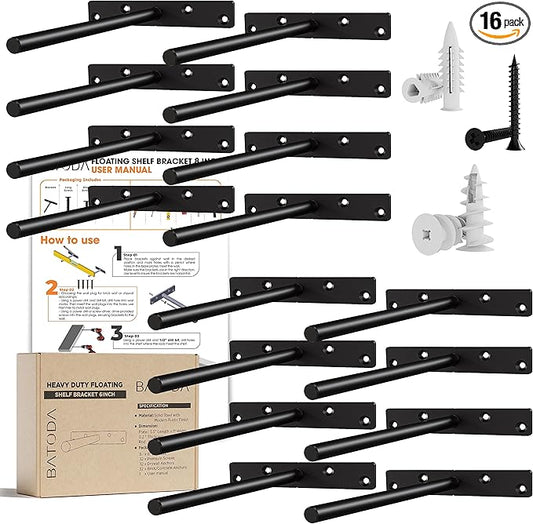 BATODA - 8" Floating Shelf Bracket Heavy Duty (16 pcs)–Solid Steel Blind Shelf Supports - Hidden Brackets for Floating Wood Shelves - Blind Shelf Support Shelving Mounting Hardware Included (Pack 16)