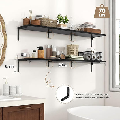 Fun Memories Deep Floating Shelves, 48W x 8D Floating Shelves Set of 2, Wall Mounted Shelf with Metal Brackets, Rustic Wood Wall Shelf for Bathroom, Kitchen and Living Room, Black