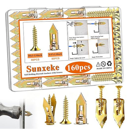 160Pcs Self Drilling Drywall Anchors with Screws Kit,80 Sheetrock Anchors & 80 Zinc Expansion Screws,No Drill Needed Wall Anchors with Screws,Hold Up to 66lbs for Picture Frame,Shelves