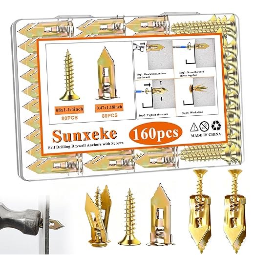 160Pcs Self Drilling Drywall Anchors with Screws Kit,80 Sheetrock Anchors & 80 Zinc Expansion Screws,No Drill Needed Wall Anchors with Screws,Hold Up to 66lbs for Picture Frame,Shelves