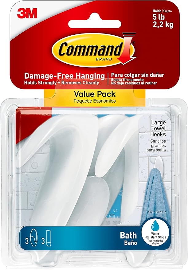 Command Bath Large Towel Hook Value Pack, Clear Frosted, 3-Large Hooks, 3-Water-Resistant Strips, Organize Damage-Free