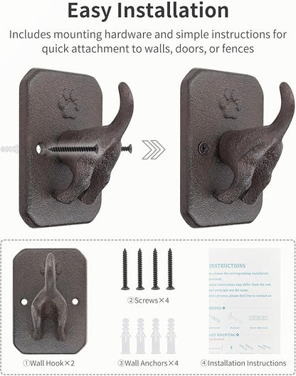 Cast Iron Dog Tail Wall Hooks - Heavy Duty Rustic Dog Leash Holder, Wall Mount Coat Hook for Hanging Key Towel Collar, Decorative Puppy Butt Paw Hanger for Farmhouse Entryway Mudroom, 2 Pack