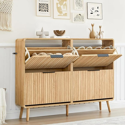 47" Fluted Large Shoe Cabinet with 4 Flip Drawers, Slim Freestanding Shoe Cabinet Organizer, Narrow Shoes Storage Rack for Entryway, 5 Sturdy Legs (All Natural, 9.45" D x 47.24" W x 35.83" H)