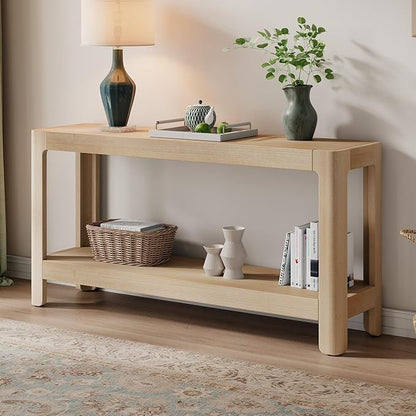 59-Inch Long Console Table, Modern Farmhouse 2-Tier Console Table, Elegant Minimalist Design with Premium Wood Veneer and Rounded Corners for Entrance, Hallway, Living Room (Natural-880)