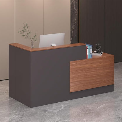 L-Shaped Reception Desk with Lockable Drawers, Adjustable File Cabinet & Keyboard Tray, Modern Front Counter for Office, Salon, or Lobby (Left-L Walnut/Slate Gray, 70.9''L x 23.6''W x 41.3''H)