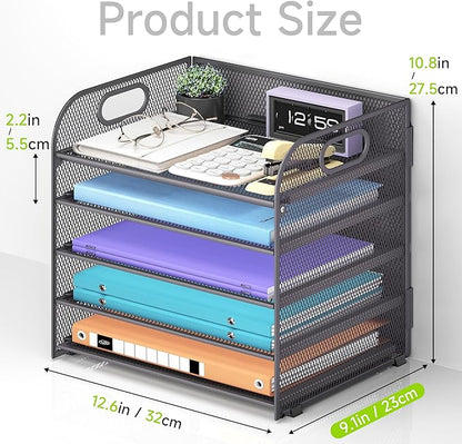 2 Pack 5 Tier Paper Organizer, Letter Tray with Handle, Mesh Desk Organizer, Metal File Organizer, Office Desk Accessories for Home, Office, Classroom, School -Grey