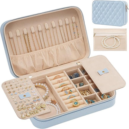 Lolalet Travel Jewelry Case for Women Girls, Travel Jewelry Organizer Box with Mirror & Clear Storage Bag, Small Portable Earring Necklace Bracelet Ring Case, Birthday Valentine Gifts -Medium, Blue