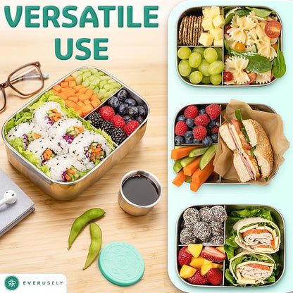 Everusely - Bento Box - Green, 37oz / 1.1 L - Stainless Steel Lunch Box with Leakproof Condiment Container - 3 Compartment Snack Organizer for On the Go Meals - Freezer & Dishwasher Safe