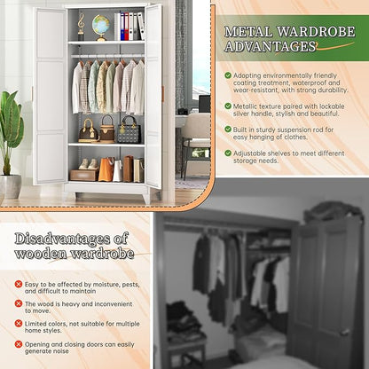 Bonusall 71" Metal Wardrobe,Steel Wardrobe Closet with Hanging Rod & Adjustable Shelves,Metal Storage Cabinet with 2 Doors, Decorative Metal Closet with Handles for Bedroom,Home Office Entryway