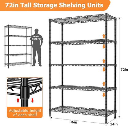 Storage Shelves Heavy Duty, 3 PCS 36" L x 14" W x 72" H Garage Wire Shelving Unit Loads 1750LBS, 5-Tier Adjustable Metal Industrial Utility Shelf Rack for Kitchen, Laundry Room, Warehouse, Basement