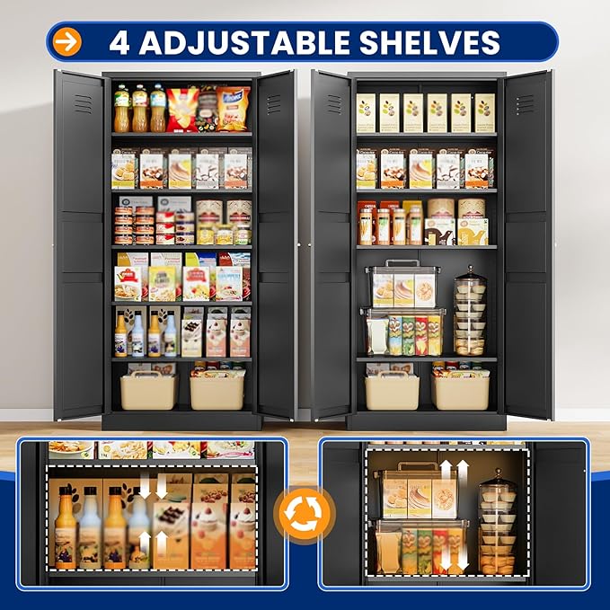MIIIKO Metal Pantry Cabinet, Utility Storage Cabinets with 2 Doors and 5 Shelves, Freestanding Black Tall Cupboard for Garage, Shop, Laundry Room and Office, 71" H x 15.7" D x 31.5" W