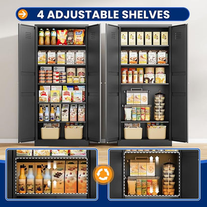 MIIIKO Metal Pantry Cabinet, Utility Storage Cabinets with 2 Doors and 5 Shelves, Freestanding Black Tall Cupboard for Garage, Shop, Laundry Room and Office, 71" H x 15.7" D x 31.5" W