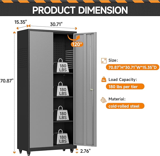 Garage Storage Cabinet with Wheels, Metal Storage Cabinet with 2 Doors and Adjustable 4 Shelves for Garage, Basement, Warehouse, Office, Gray, Assembly Required