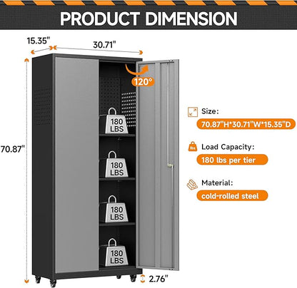Garage Storage Cabinet with Wheels, Metal Storage Cabinet with 2 Doors and Adjustable 4 Shelves for Garage, Basement, Warehouse, Office, Gray, Assembly Required