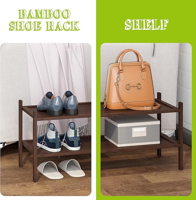 BMOSU 2-Tier Bamboo Shoe Rack Premium Stackable Shoe Shelf Storage Organizer for Hallway Closet Living Room Entryway Organizer(Brown)
