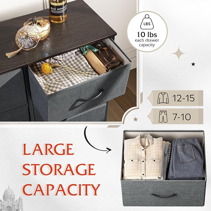WLIVE Fabric Dresser for Bedroom, 6 Drawer Double Dresser, Cloth Dresser with Fabric Bins, Chest of Drawers for Closet, Living Room, Hallway, Dark Grey