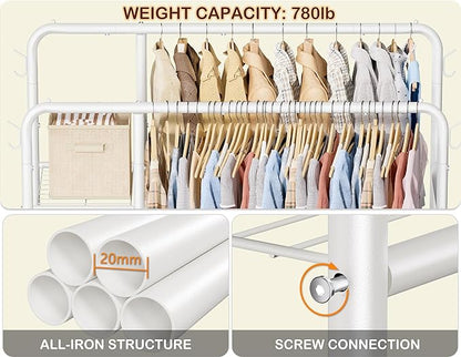 Double Rods Clothes Rack Clothing Rack with 4 Tier Storage Shelves Clothes Rack for Hanging Clothes Multifunctional Heavy Duty Clothes Organizer with Hooks for Bedroom,Wardrobe Closet,Shop,White