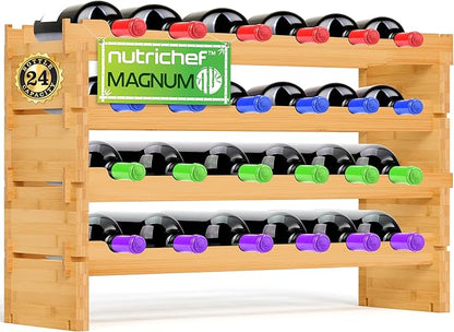 NutriChef Magnum Oversize 24 Bottle Stackable Modular Wine Rack, Upgraded 1” Thick Sideboard, .5” Rack Sticks, Sturdy Wobble Free Natural Bamboo Construction with Anti Moisture Protective Finish