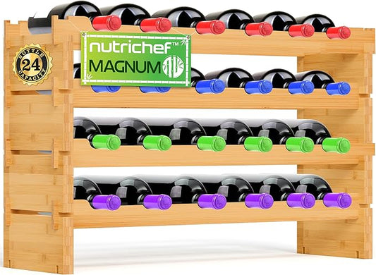 NutriChef Magnum Oversize 24 Bottle Stackable Modular Wine Rack, Upgraded 1” Thick Sideboard, .5” Rack Sticks, Sturdy Wobble Free Natural Bamboo Construction with Anti Moisture Protective Finish