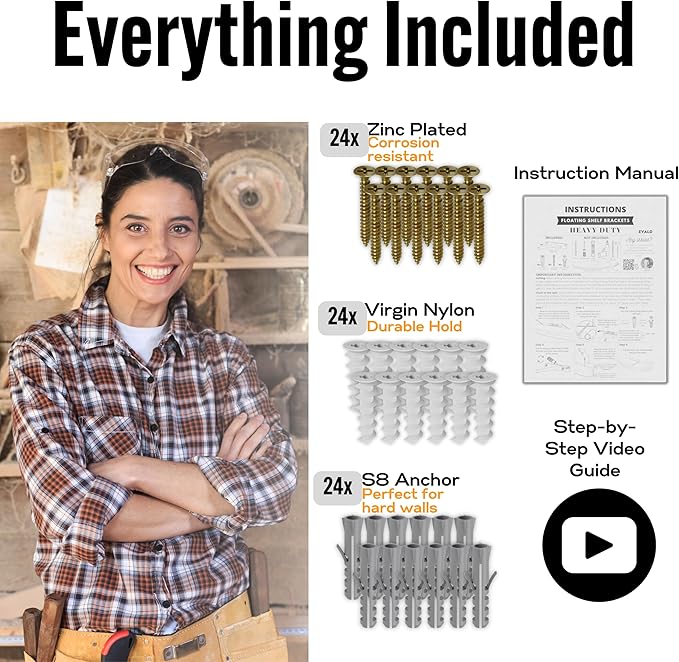 EVALD Heavy Duty Floating Shelf Bracket | 8-Inch Floating Mantel Mount, Blind Shelf Supports, and Anchors | Floating Shelf Hardware for Home and Office Decor | Fireplace Mantel Brackets (6 Pack)