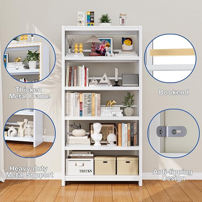 Bookshelf, Tall Bookcase for Books, CDs, Movies, Garage Kit, 5 Tier Book Shelf, Modern Display Shelf for Library Home Office Bderoom Living Room, Metal Bookshelves Industrial White