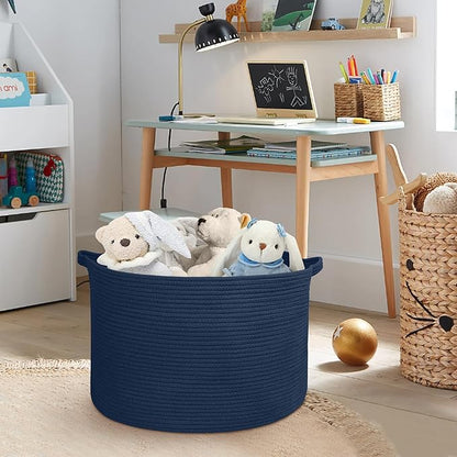 Dark Blue Basket for Organizing, 22" x 14" Extra Large Woven Cotton Rope Laundry Basket, Blanket Storage for Living Room Bedroom, Big Nursery Kids Toy Box Organizer, Pool Towel Storage Bin