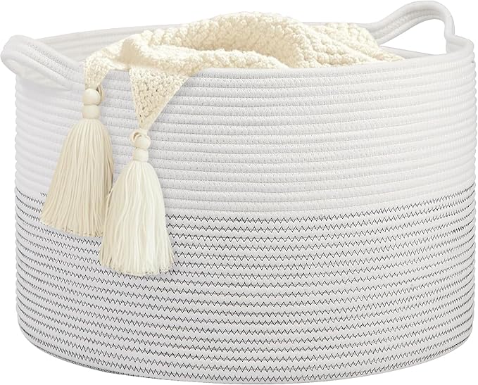 Large Girl Laundry Basket,20''x13''Woven Cotton Rope Laundry Hamper,Baby Blanket Basket for Living Room;Toy storage;Woven basket;Nursery Hamper,Storage Bin,Home Room Decor (White)