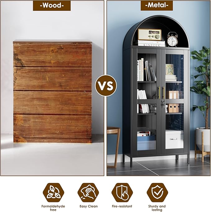 73'' H Metal Arched Display Cabinet with Glass Door,Locking Kitchen Pantry Cabinet with Lockable Door and 2 Adjustable Shelves for Home Office, Assembly Required, Black