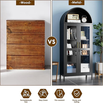 73'' H Metal Arched Display Cabinet with Glass Door,Locking Kitchen Pantry Cabinet with Lockable Door and 2 Adjustable Shelves for Home Office, Assembly Required, Black