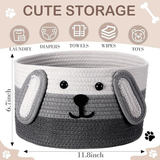 Zopeal Dog Woven Basket, 11.8" D x 6.7" H Cotton Rope Toy Storage Organizer, Dog Mom Gift Empty, Cute Laundry Puppy Gift Animal Basket for Clothes, Towels, Toy, Laundry, Bathroom, Home(White, Gray)