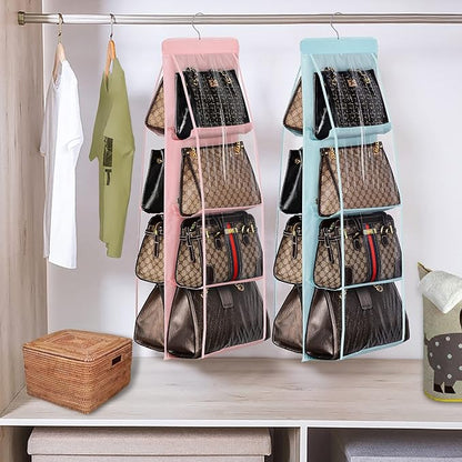 Lirex 2-Pack Handbag Hanging Purse Organizer for Closet, 8 Pocket Handbag Storage Organizer Hanger Oxford Cloth Closet Organizer for Family Closet Bedroom, Foldable and Universal Fit, Light Pink