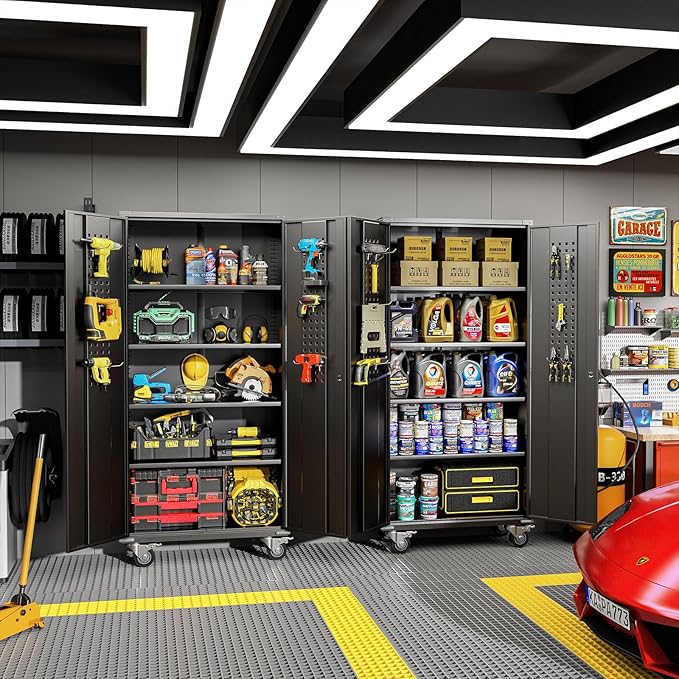 Greenvelly Garage Storage Cabinet with Wheels, Rolling Metal Cabinet with Pegboards and Adjustable Shelves,- 72" Steel Tool Cabinet for Home Office, Garage, Warehouse, Black