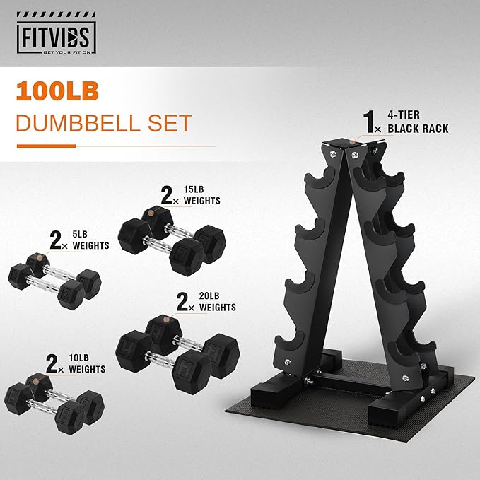 Fitvids Rubber Coated Hex Dumbbell Set with Storage Rack, 100/150/200/550 LB Hand Weight Set with Anti-Slip Grip for Home Gym