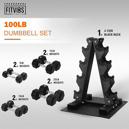 Fitvids Rubber Coated Hex Dumbbell Set with Storage Rack, 100/150/200/550 LB Hand Weight Set with Anti-Slip Grip for Home Gym