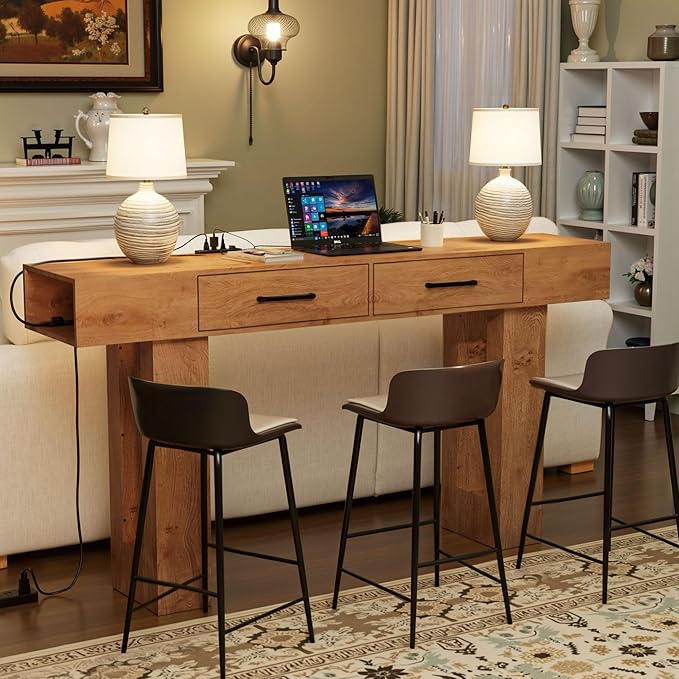 63" Console Table for Entryway, Farmhouse Sofa Tables with Drawers and Outlet, Narrow Long Accent Table for Entrance Hallway Living Room, Natural