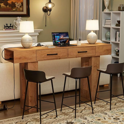 63" Console Table for Entryway, Farmhouse Sofa Tables with Drawers and Outlet, Narrow Long Accent Table for Entrance Hallway Living Room, Natural