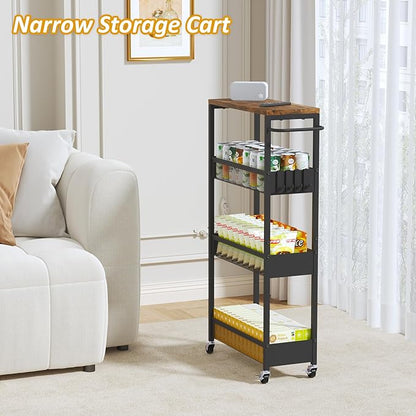 Slim Rolling Utility Cart, 4 Tier Metal Narrow Storage Cart with Handle and Wood Top, Multifunctional Small Mobile Shelf Unit Organizer Trolley for Laundry, Bathroom, Kitchen