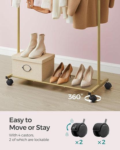 SONGMICS Clothes Rack with Wheels, Clothing Rack for Hanging Clothes, 25.4 mm Metal Garment Rack with Dense Mesh Storage Shelf, 110 lb Load Capacity, 2 Brakes, Gold UHSR025A01