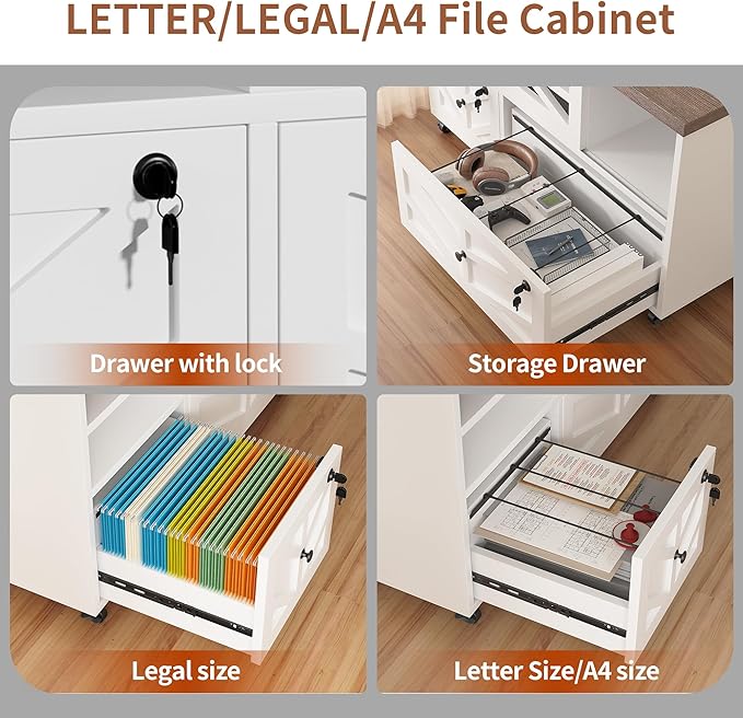 Semoic White Lateral File Cabinet with Lock, 2 Drawer Rolling Filing Cabinet for Home Office, Mobile Storage Cabinet with Open Shelves & Sliding Door, Fits Legal/Letter/A4 Files, Herringbone Design