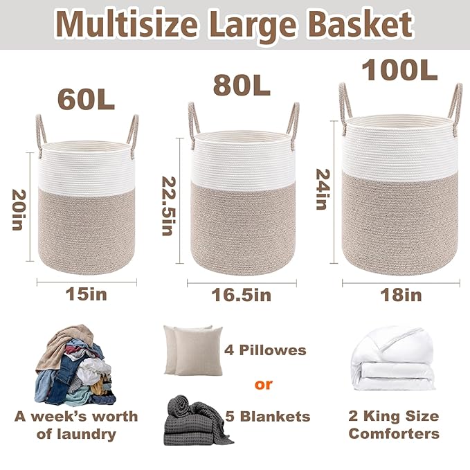 Large Woven Laundry Basket Hamper,100L Cotton Rope Storage Bin for Blankets,Toys and Clothes,Decorative Tall Nursery Hamper for Living Room,Baby Nursery,Bathroom and Bedroom,Brown