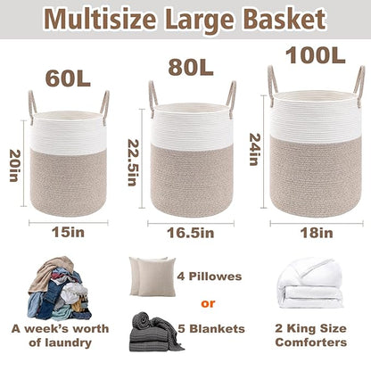 Large Woven Laundry Basket Hamper,100L Cotton Rope Storage Bin for Blankets,Toys and Clothes,Decorative Tall Nursery Hamper for Living Room,Baby Nursery,Bathroom and Bedroom,Brown