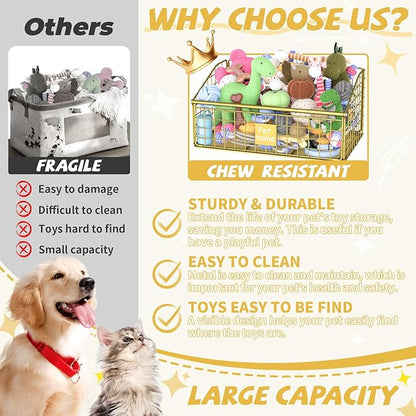 Indestructible Dog Toy basket, Medium Toy Box for Dogs,Pet Toy Bin Dog Metal Basket for Toys, Toy Storage Organizer, Toy Box for Living Room Area (Gold)