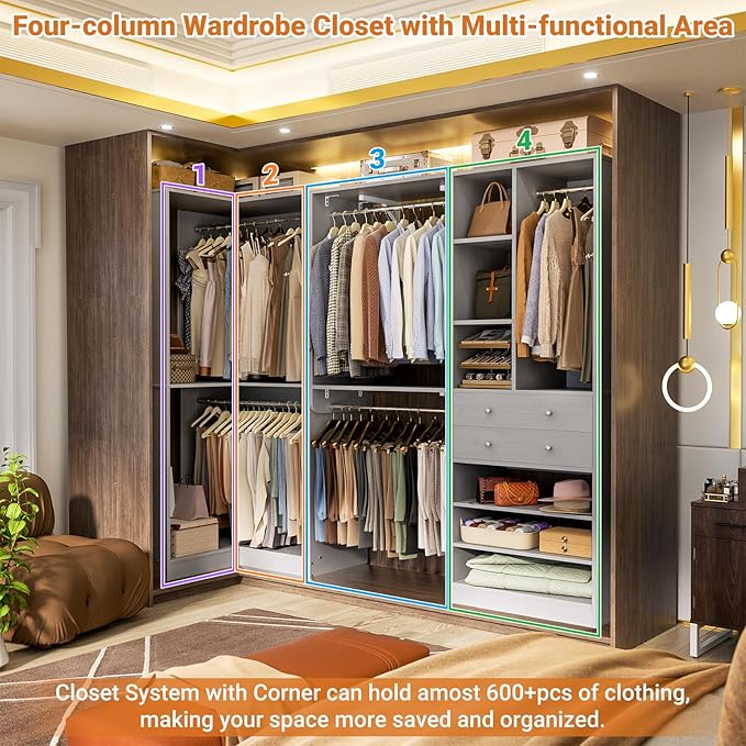 Closet System with 2 Drawers, 5 Hanging Robs, 4 Adjustable Shelves, 90.5"*31.5" Closet Organizer System with Corner Tower, L-shape Walk-in Closet System, Corner Closet System Set of 2, Morandi Grey