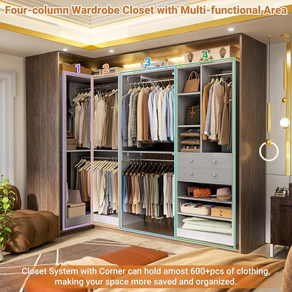 Closet System with 2 Drawers, 5 Hanging Robs, 4 Adjustable Shelves, 90.5"*31.5" Closet Organizer System with Corner Tower, L-shape Walk-in Closet System, Corner Closet System Set of 2, Morandi Grey