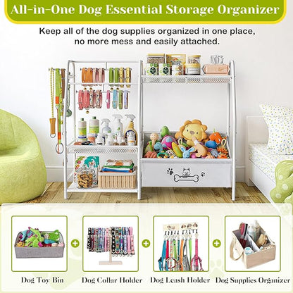 Large Dog Toy Basket with Dog Storage Organizer, Trapezoid Dogs Toy Bin Box with Collar Leash Holder Hook, Toy Holder Chest Pet Storage Cabinet for Living Room, Dogs Essentials for Pet Lovers Gift